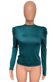 Green Polyester O Neck Long Sleeve Solid Draped Tops