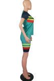 Green Casual Color Block Patchwork O Neck Short Sleeve Two Pieces