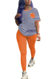Orange Milk Silk Fashion Active adult Ma'am Striped Two Piece Suits pencil Short Sleeve Two Pieces