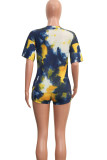 Blue Polyester Fashion Sexy adult Patchwork Print Tie Dye Two Piece Suits Straight Half Sleeve Two Pieces