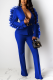 Blue Fashion Solid Patchwork V Neck Long Sleeve Two Pieces