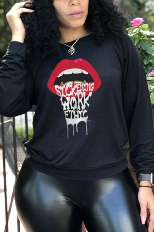Black Fashion Casual Lips Printed Basic O Neck Tops