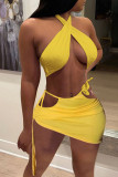 Yellow Sexy Solid Bandage Draw String Backless Halter Sleeveless Two Pieces