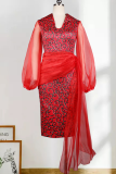 Red Sexy Print Mesh Pencil Skirt Dresses