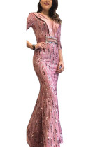 Pink Sexy Party Polyester Pleuche Print Bead tube Basic V Neck Half Sleeve Floor Length A Line Dresses