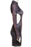 Black Street Print Patchwork O Neck Long Sleeve Mini Pencil Skirt Dresses