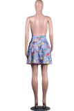 Green Yellow purple Polyester Elastic Fly Sleeveless High Patchwork Print Character Draped Pleated skirt shorts Bottoms