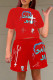 Red Fashion Casual Print Basic O Neck Short Sleeve Two Pieces
