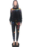 Black Fashion Casual Adult Patchwork Print Patchwork Hooded Collar Long Sleeve Regular Sleeve Regular Two Pieces