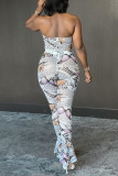 White Fashion Sexy Print Backless Halter Sleeveless Two Pieces