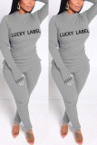 Grey Casual Solid Embroidered O Neck Long Sleeve Two Pieces