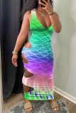 Light Green Fashion Sexy Print Hollowed Out V Neck Vest Dress Dresses