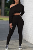 Dark Blue Fashion Casual Solid Basic Oblique Collar Long Sleeve Two Pieces