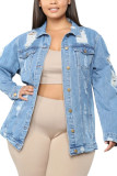 Baby Blue Fashion Sexy Adult Solid Ripped Turndown Collar Long Sleeve Loose Denim