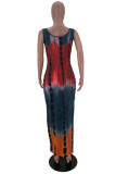 Burgundy Sexy Casual Tie Dye Printing U Neck Vest Dress