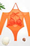Tangerine Red Sexy Solid Mesh Swimwears