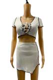 Cream White Sexy Print Hollowed Out Square Collar Short Sleeve Two Pieces