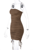 Coffee Sexy Solid Patchwork Draw String Strapless Pencil Skirt Dresses