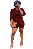 Wine Red PU Fashion adult Sexy Bandage Solid Two Piece Suits Patchwork Straight Half Sleeve 