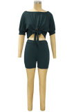 Dark green Fashion Casual adult Patchwork Solid Bandage asymmetrical Two Piece Suits Straight Short Sleeve Two Pieces