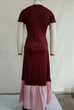 Wine Red Polyester Sexy Fashion Cap Sleeve Short Sleeves O neck Princess Dress Floor-Length Solid Patchwork S
