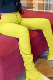 Yellow Button Fly Sleeveless High Patchwork Split Solid Draped Boot Cut Pants