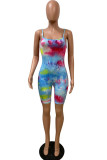 Blue Fashion Sexy Tie-dyed Coloured drawing Sleeveless Slip Jumpsuits