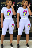 White Polyester Sexy Fashion adult Print Lips Print Patchwork Two Piece Suits Straight Short Sleeve