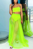 Fluorescent green Fashion Sexy adult Ma'am Wrapped chest Solid Mesh Two Piece Suits Stitching Plus Size