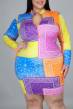 Multi-color Casual Print Patchwork Zipper Collar Pencil Skirt Dresses