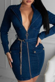 Blue Fashion Casual Solid With Belt Turndown Collar Long Sleeve Dresses