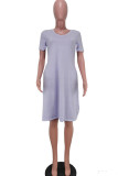Light Gray Polyester Fashion Casual adult Ma'am Cap Sleeve Short Sleeves V Neck Swagger Knee-Length Solid Dresses