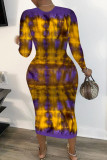 Multi-color Fashion Casual adult Ma'am Cap Sleeve Long Sleeves V Neck Pencil Dress Mid-Calf Print Dresses