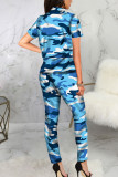 Blue Fashion Sexy adult Ma'am Camouflage Two Piece Suits pencil Short Sleeve Two Pieces