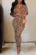 Brown Sexy Leopard Patchwork V Neck Skinny Jumpsuits