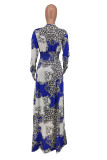 Blue White Elegant Print V Neck Dresses