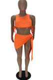 Tangerine Red Sexy Solid Patchwork U Neck Sleeveless Two Pieces
