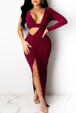 Red Sexy Solid Hollowed Out Backless Slit Fold V Neck Pencil Skirt Dresses