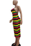 Yellow Polyester Fashion Sexy adult Ma'am Off The Shoulder Sleeveless Halter Neck Step Skirt Mid-Calf Striped Dresses