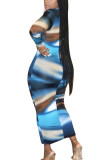 Blue Fashion Casual Adult Milk Fiber Print Split Joint O Neck Long Sleeve Ankle Length Printed Dress Dresses