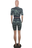 Multicolor Casual Camouflage Print Patchwork O Neck Short Sleeve Two Pieces