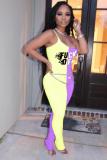 Yellow and purple Fashion Sexy Print Patchwork letter Sleeveless Slip Jumpsuits