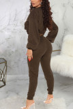 Brown Fashion Casual Adult Nylon Solid Ripped O Neck Long Sleeve Regular Sleeve Short Two Pieces