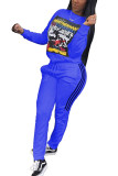Blue Fashion Casual Adult Polyester Print Split Joint O Neck Long Sleeve Regular Sleeve Regular Two Pieces