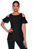 Black B Fashion Butterfly Sleeve O-Neck Short Hollow Out Ruffles Solid Patchwork Regular Tees & T-shirts