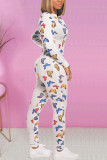 White Fashion street Print Polyester Long Sleeve O Neck Jumpsuits