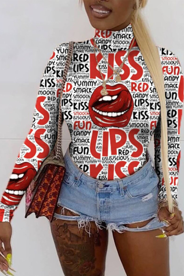 White Casual Print Turtleneck Tops