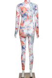 Blue Sportswear Print Without Belt O Neck Regular Jumpsuits