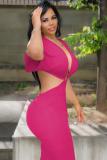 rose red Polyester Sexy Bat sleeve Short Sleeves V Neck Asymmetrical Mid-Calf Solid Club Dresses