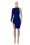 Dark Blue Fashion adult Street One Shoulder Long Sleeves one shoulder collar Step Skirt Knee-Length
